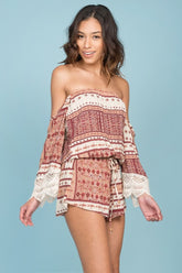 Trista Flowey Boho Hippie Romper Brown