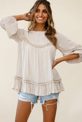 Marionette Three-Quarter Sleeve Pom-Pom Top Beige
