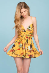 Trinity Open Back Floral Romper Yellow Mustard