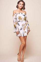 Fernanda Bardot Neckline Floral Print Dress White