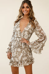 Ellena Long Bell Sleeve Frill Detail Dress Brown Leopard