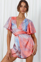 Unconditional Plunging Wrap Style Romper Marbled Tie Dye Red/Purple
