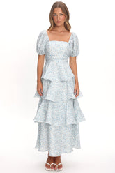 Giavana Puff Sleeve Layered Maxi Dress Floral Blue