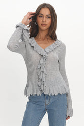 Jaimy Ruffle Trim Knit Cardigan Grey