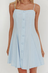 Fianna Button Front Godet Mini Dress Light Blue