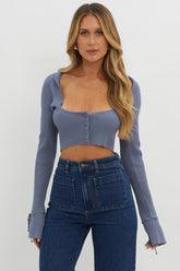 Pippi Flared Cuff Knit Crop Top Dusty Blue