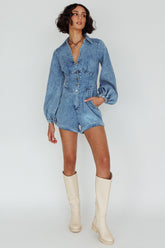 South Beach Long Sleeve Collared Romper Denim