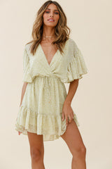 Esme V-Neckline Drawstring Waist Dress Sprinkle Print Lime