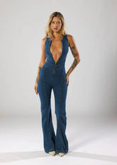 Fitted Denim Flare Jumpsuit