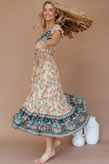 Mayan Angel Sleeve Wrap Midi Dress Floral Nude