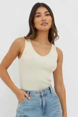 Off-Duty V-Neck Ribbed Knit Top Cream
