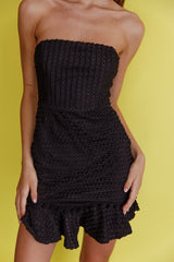 Zoey Lace Overlay Strapless Flounce Hem Mini Dress Black