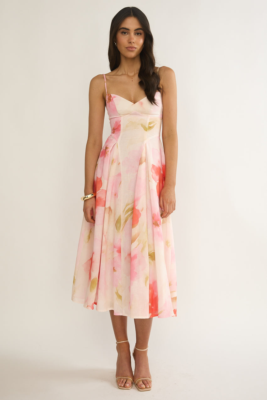 Get My Attention Pleat Waist Midi Dress Floral Pink