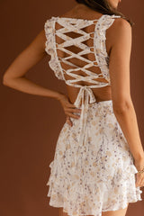 My Belle V-Neckline Lace-Up Back Dress Floral Purple/Beige