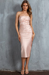 Georgette Strapless Satin Midi Dress Nude