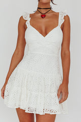 Short Notice Ruffle Strap Lace Mini Dress White