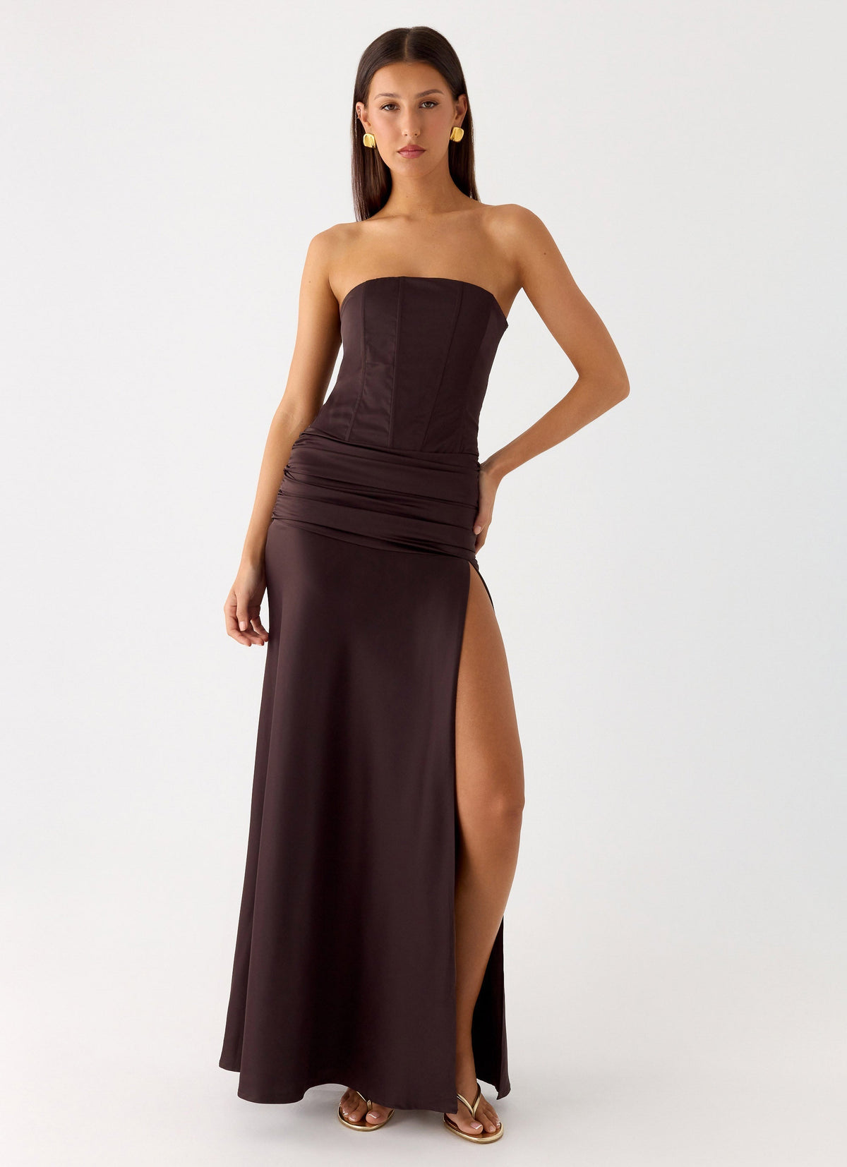 Darana Corset Satin Maxi Dress Chocolate
